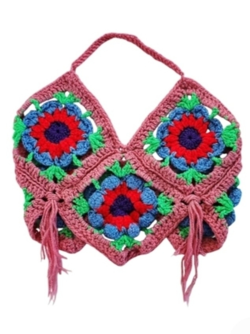 2048 * Handmade Granny Square Halter Crop Top Rose Blue Red Size Unknown